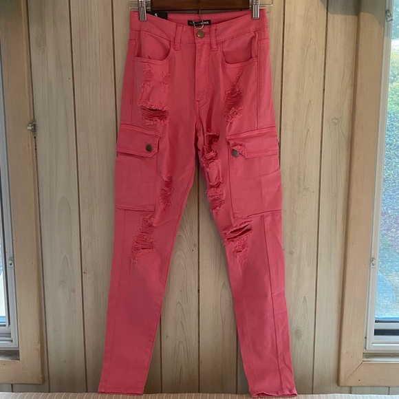 Fashion Nova Pants - fashion nova money honey 5 distressed pink coral jeans skinny cargo pocket rip